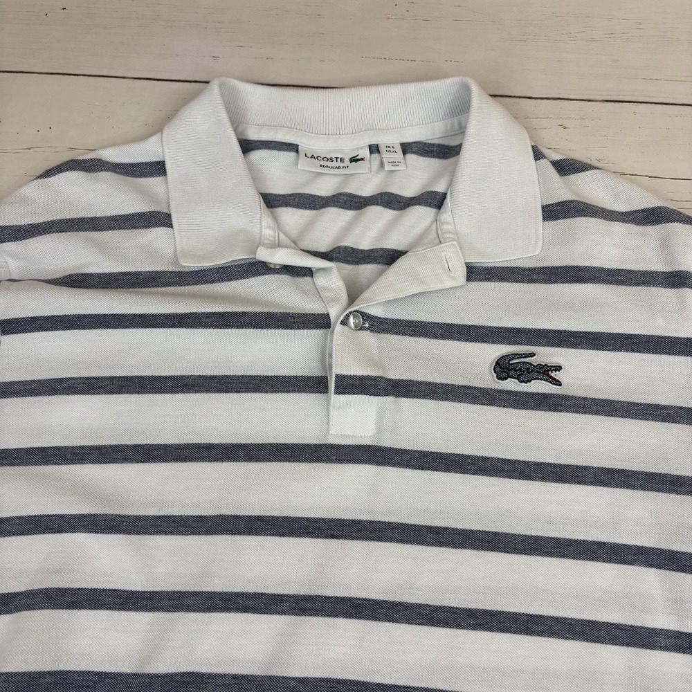 Lacoste Polo Shirt Mens XL White Striped Regular Fit Croc Logo Short Sleeve Peru